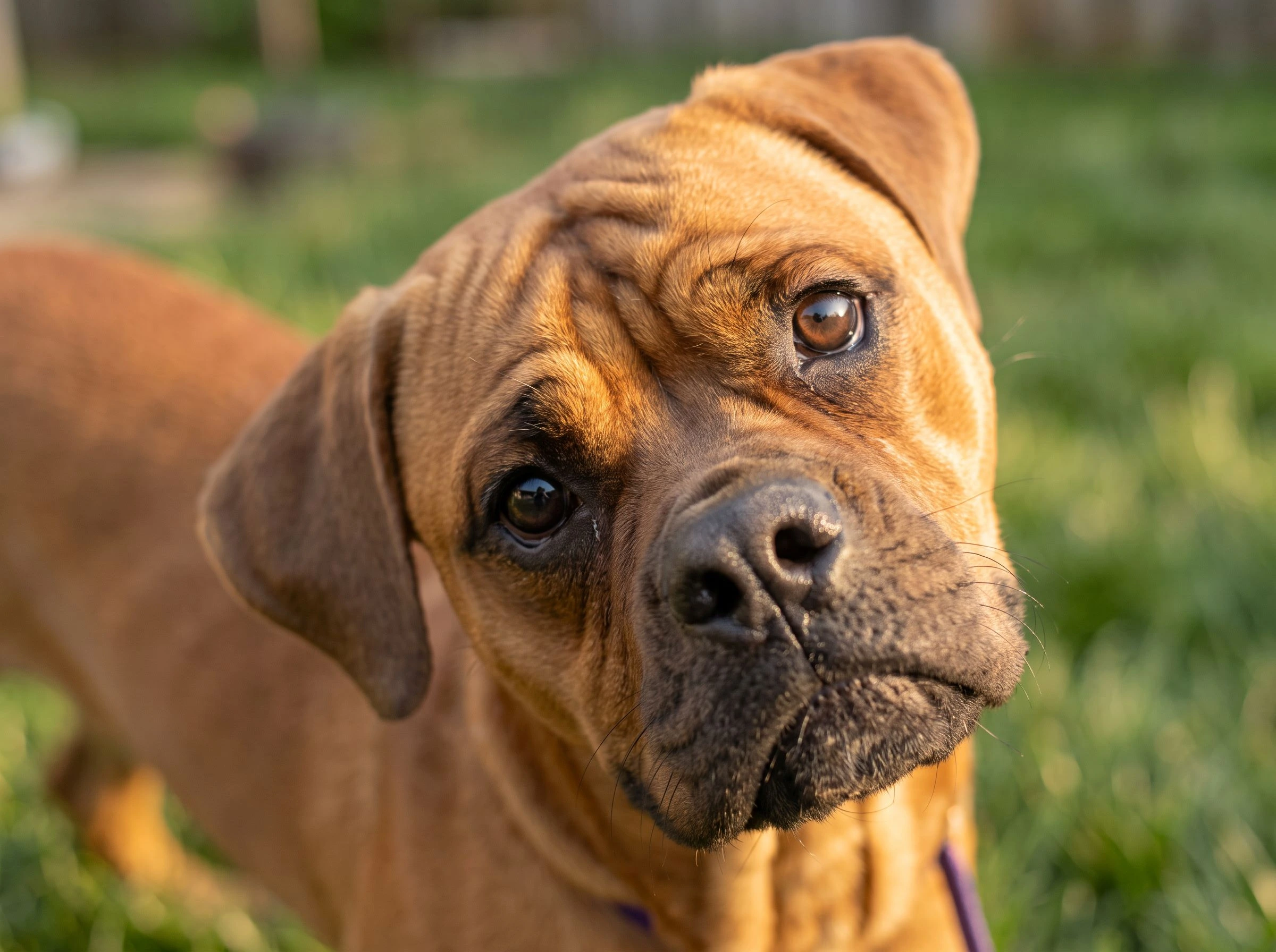 Brown Boxer puppy with wrinkled face and floppy ears tilting head, wearing purple collar, standing outdoors on grass